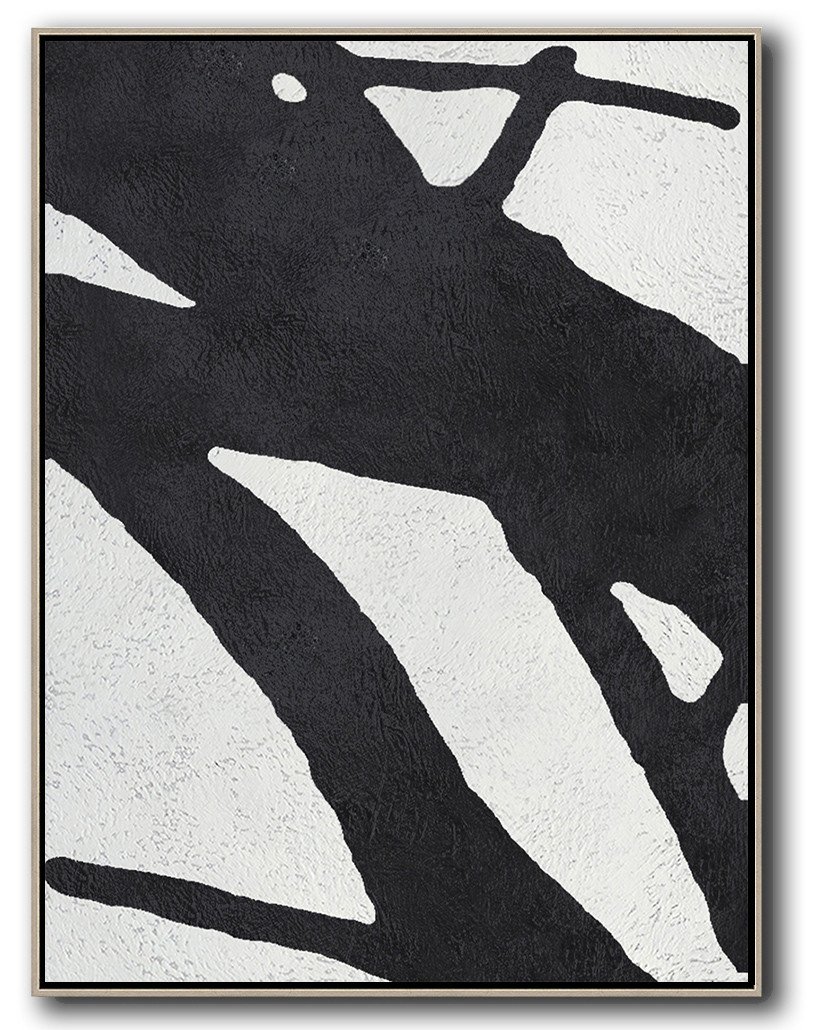 Hand-Painted Black And White Minimal Painting On Canvas - Abstract Painting Gallery Cafe Room Huge